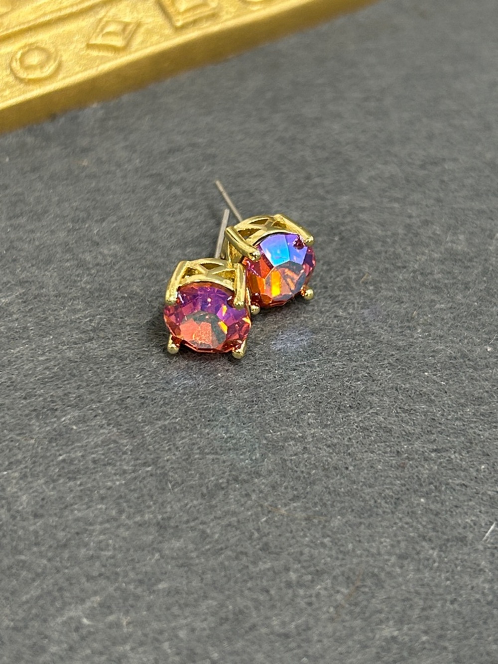 Gold-Set Iridescent Coral Crystal Stud Earrings - Picture 9 of 9